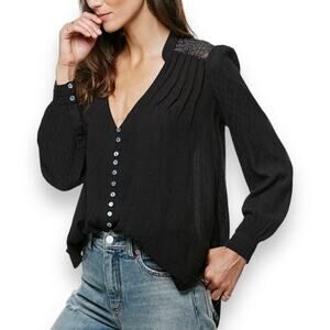 Free People Women's Canyon Rose Button Down Top Size S Black Boho Embroidered